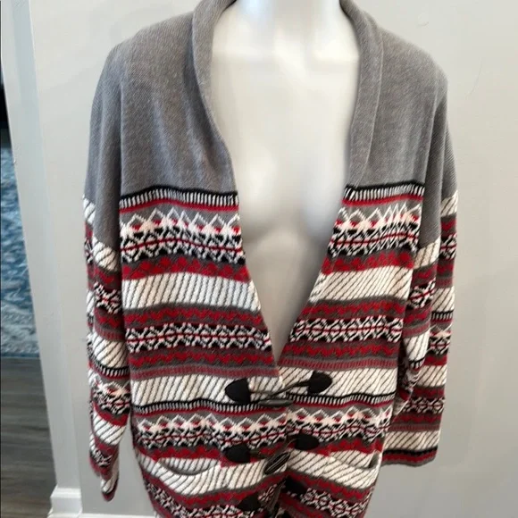 Cappagallo Medium Wool Blend Grey Red Cardigan Toggle Sweater Fair Isle Pattern - Picture 2 of 10